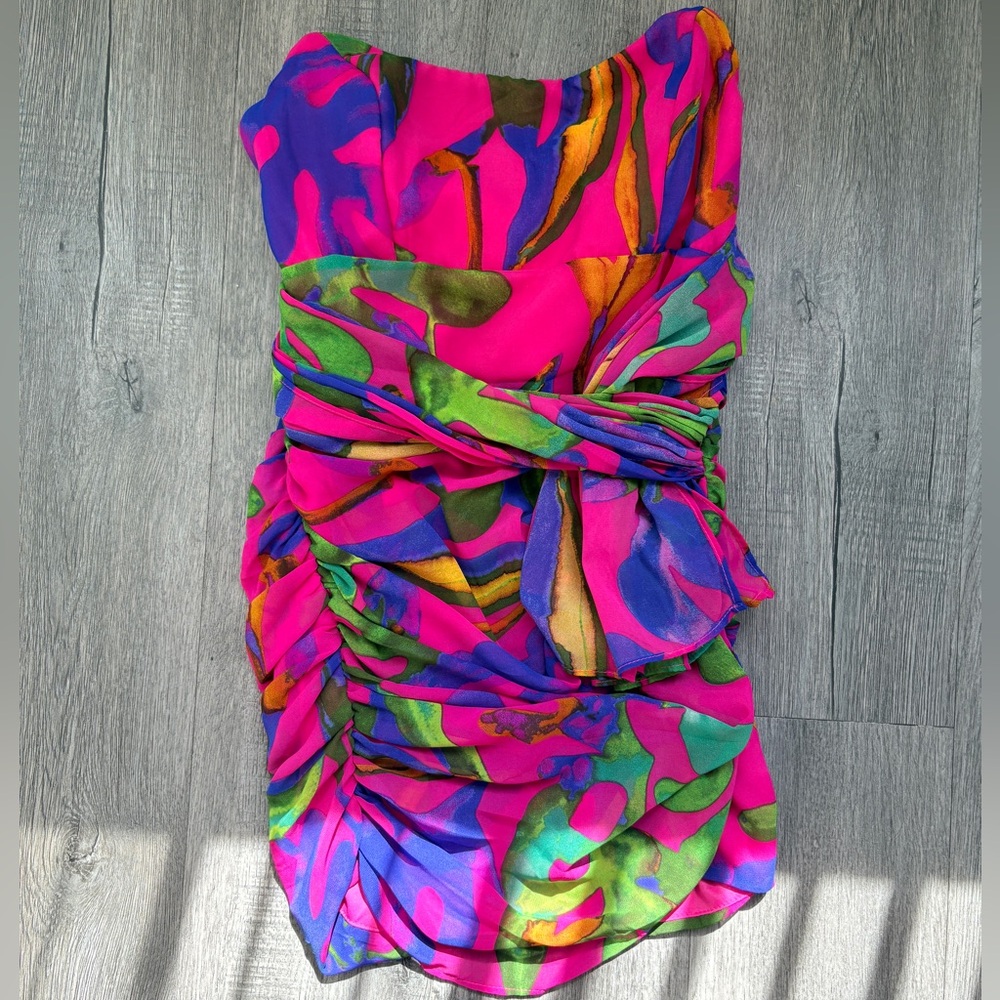 Fashion Nova Neon Pink Multicolor Abstract Strapless Ruched Mini Dress